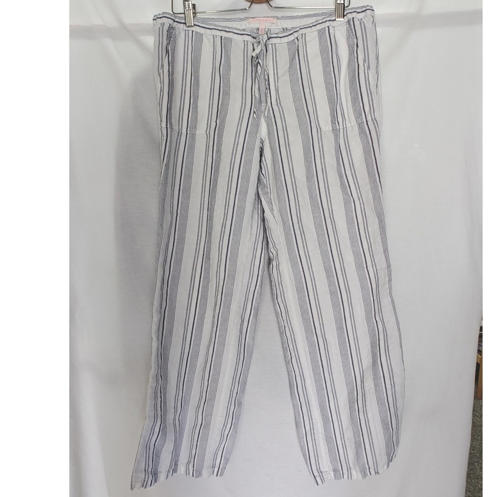 Victoria's Secret Linen.Cotton Blend Pants 14 Blue White Striped Straight Leg